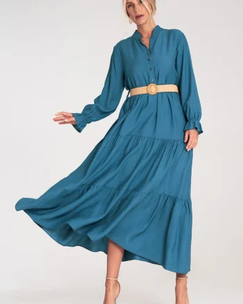 Rochie lunga casual  cu volane, albastra, material usor,
