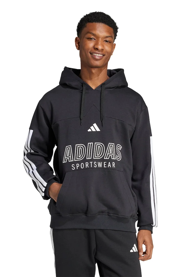 Hanorac din amestec de bumbac cu imprimeu logo, Negru stins/Alb murdar
