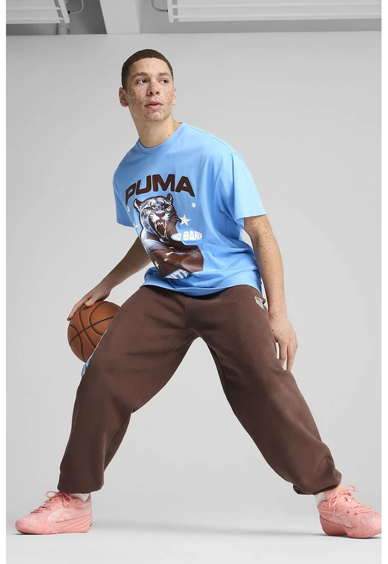 Tricou din bumbac cu imprimeu si decolteu la baza gatului, Maro inchis/Albastru deschis