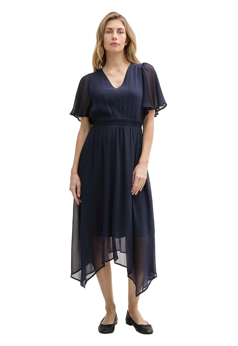 Rochie midi de sifon cu maneci butterfly, Bleumarin