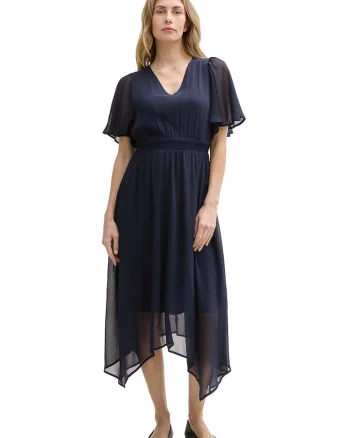 Rochie midi de sifon cu maneci butterfly, Bleumarin