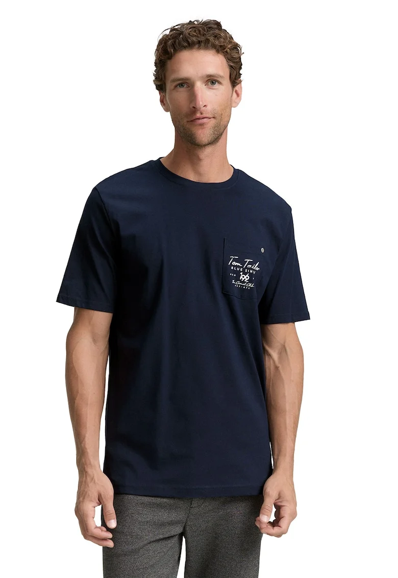 Tricou cu decolteu la baza gatului si buzunar pe piept, Albastru