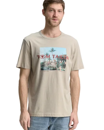 Tricou de bumbac cu imprimeu foto, Bej deschis