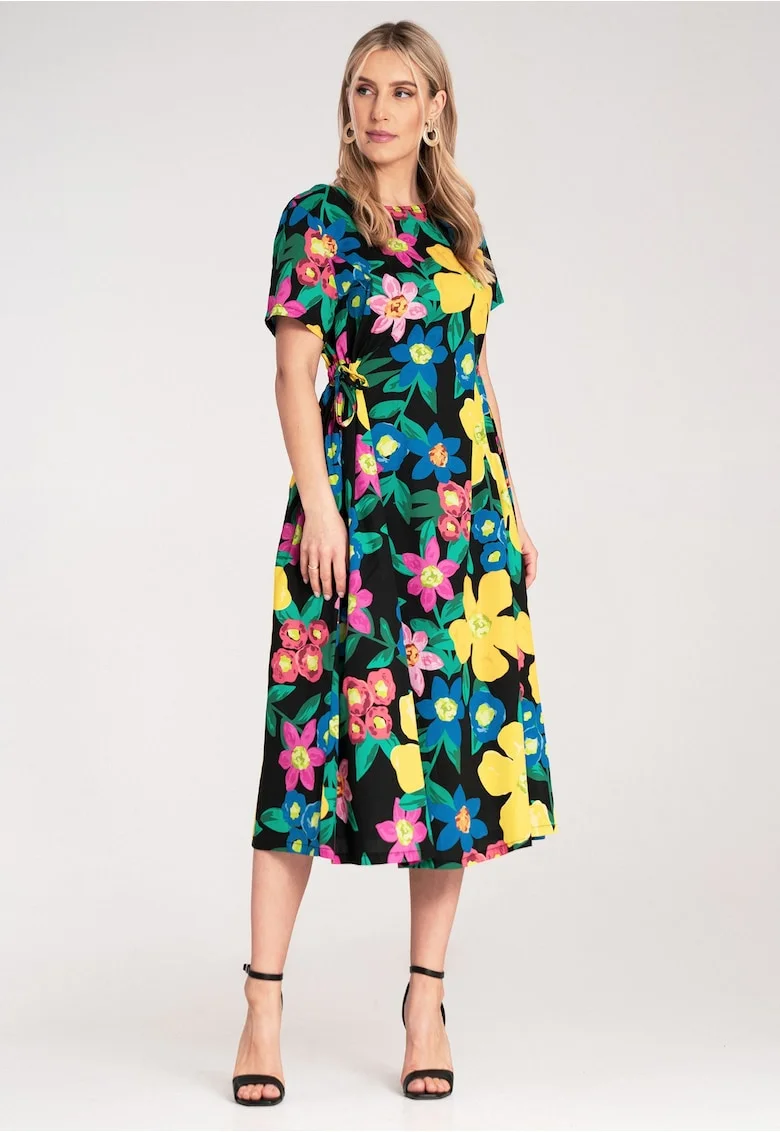Rochie midi  imprimeu floral intens, material textil usor, cu legaturi laterale,