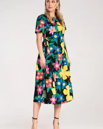 Rochie midi  imprimeu floral intens, material textil usor, cu legaturi laterale,