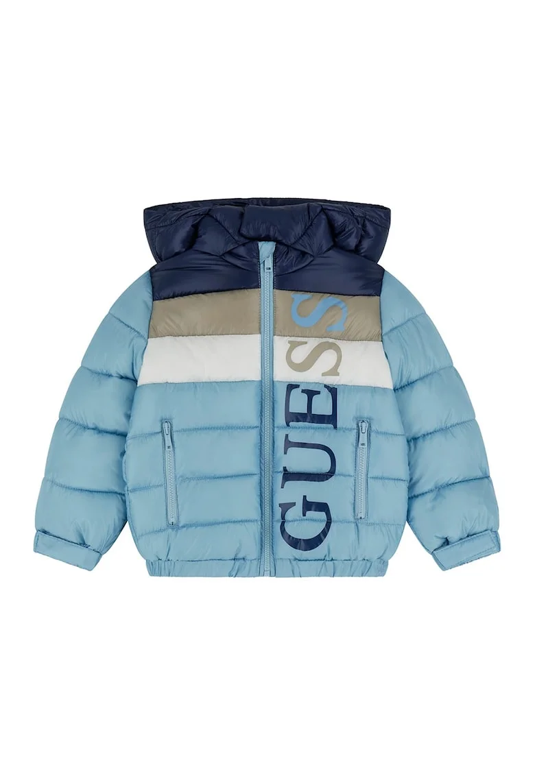 Geaca cu vatelina, imprimeu logo si gluga, Albastru inchis/Albastru glaciar/Bej deschis