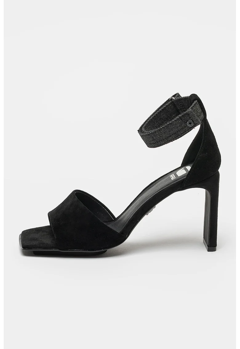 Sandale din piele intoarsa cu toc si garnitura din denim Darcy, Negru