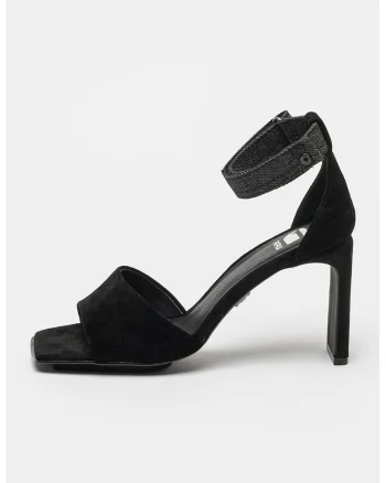 Sandale din piele intoarsa cu toc si garnitura din denim Darcy, Negru