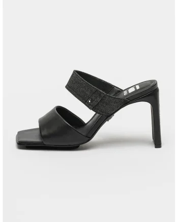 Sandale din piele cu toc si garnitura din denim Darcy, Negru