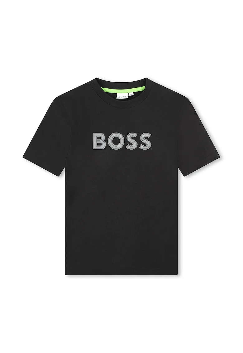 Tricou cu imprimeu logo si decolteu la baza gatului, Negru/Gri deschis
