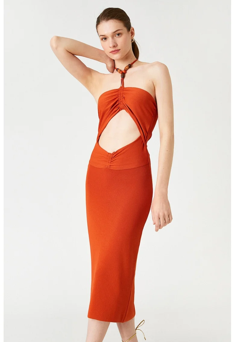 Rochie midi cu decupaj, Caramiziu