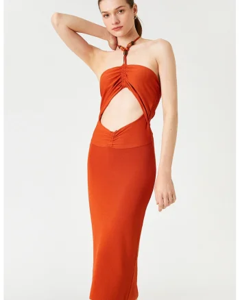 Rochie midi cu decupaj, Caramiziu
