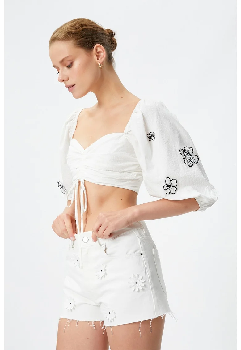 Bluza crop cu broderii, Alb murdar