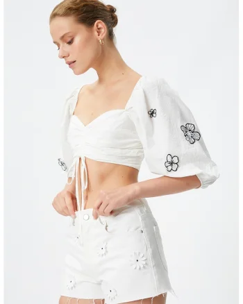 Bluza crop cu broderii, Alb murdar