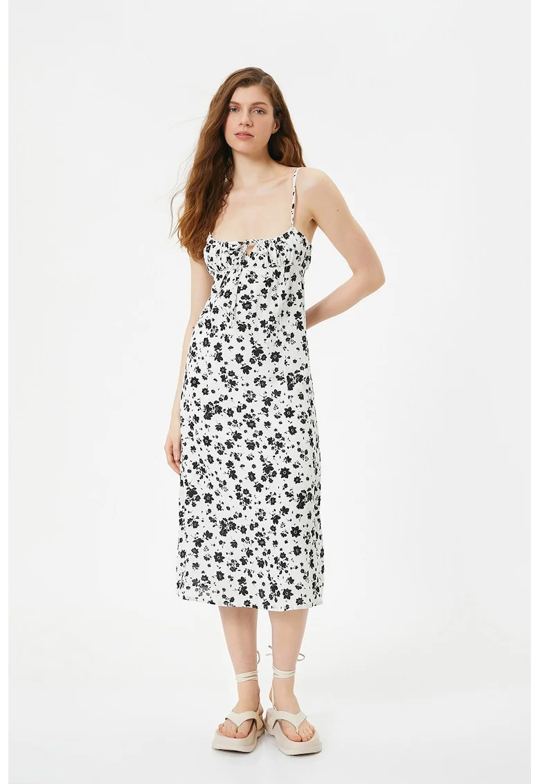 Rochie midi cu croiala in A si model floral, Negru/Alb murdar