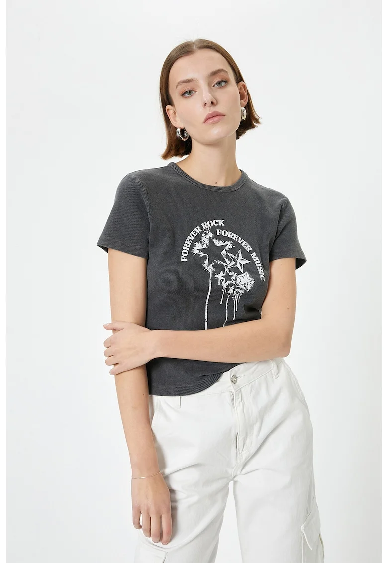 Tricou cu decolteu la baza gatului si imprimeu, Gri antracit