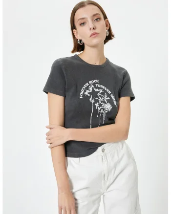 Tricou cu decolteu la baza gatului si imprimeu, Gri antracit