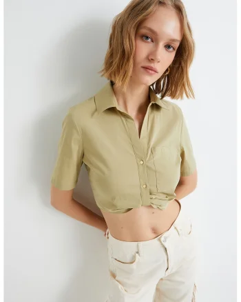 Camasa crop din amestec de bumbac, Kaki