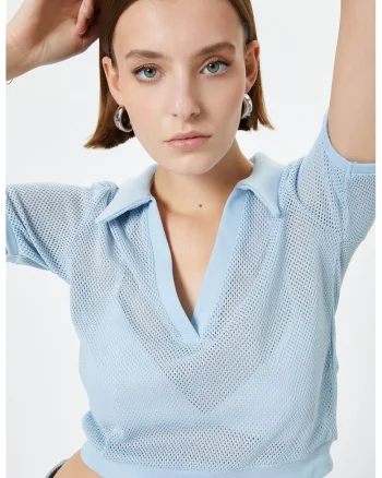 Tricou polo crop de plasa, Albastru deschis