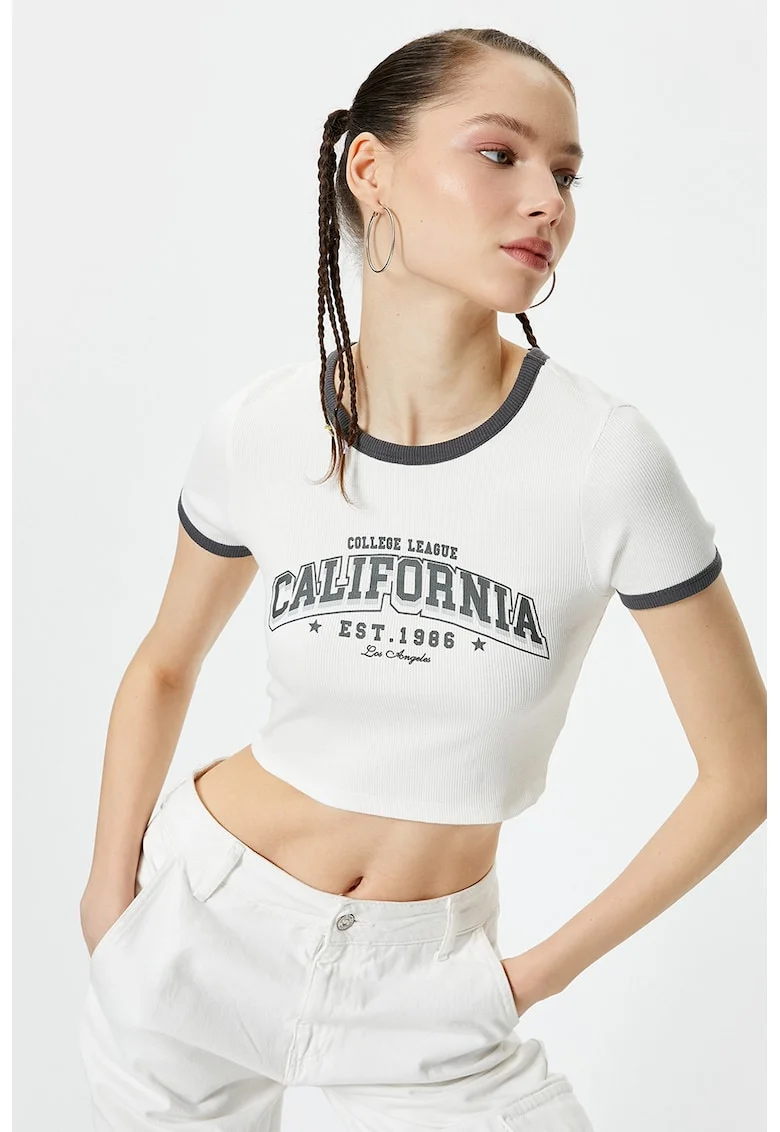 Tricou crop cu imprimeu, Alb/Gri inchis