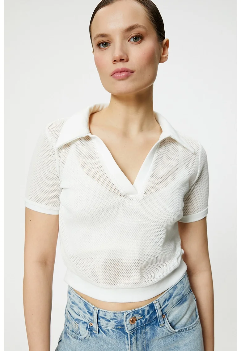 Tricou polo crop de plasa, Alb