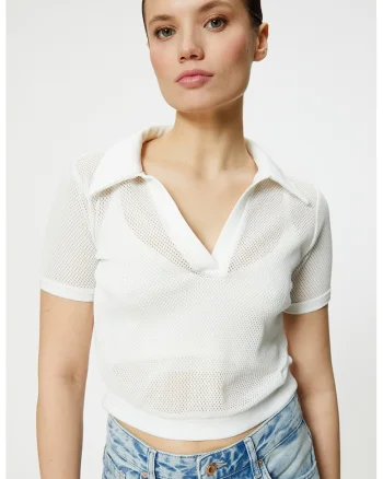 Tricou polo crop de plasa, Alb