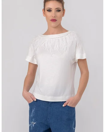 Tricou cu aplicatii cu pene Alexandra, Alb optic