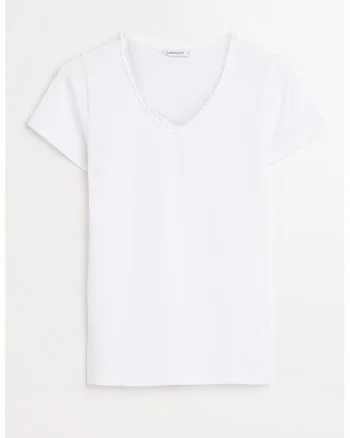 Tricou din amestec de bumbac cu decolteu in V, Alb