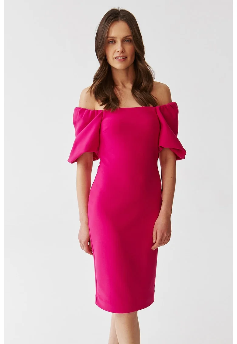 Rochie cu croiala creion si maneci bufante, Roz aprins