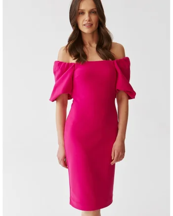 Rochie cu croiala creion si maneci bufante, Roz aprins