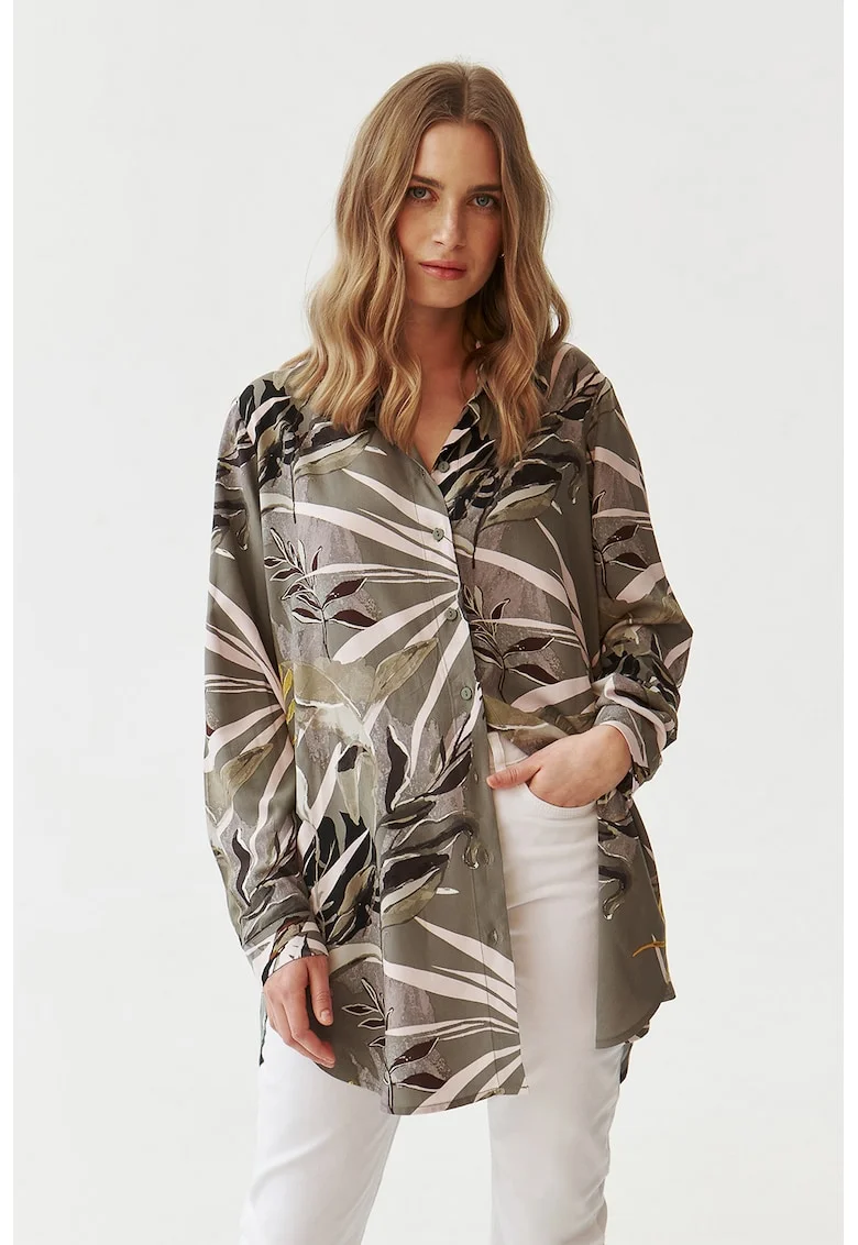 Camasa lunga cu model tropical, Alb/Gri inchis