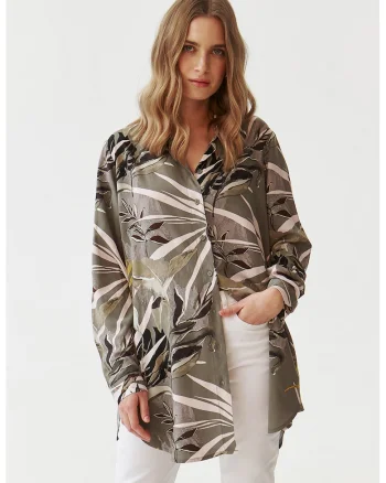 Camasa lunga cu model tropical, Alb/Gri inchis