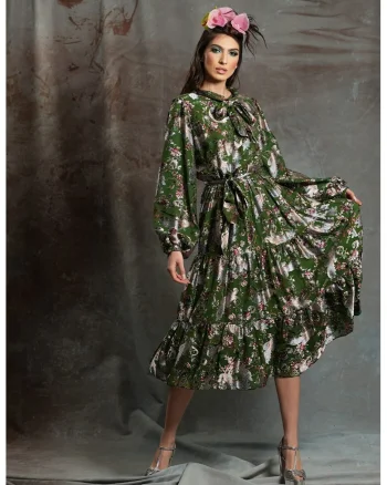 Rochie din amestec de matase cu imprimeu si funda din panglici Eze, Verde