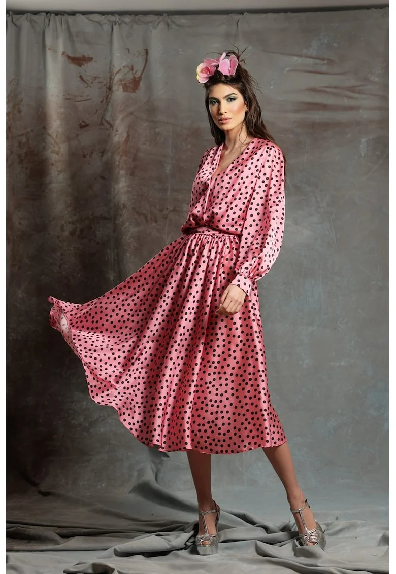 Rochie din amestec de matase cu decolteu in V si model Columbiana, Roz