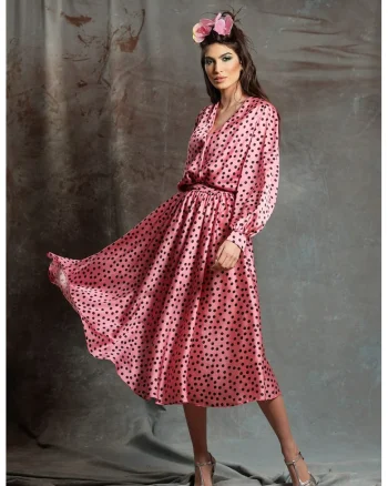 Rochie din amestec de matase cu decolteu in V si model Columbiana, Roz