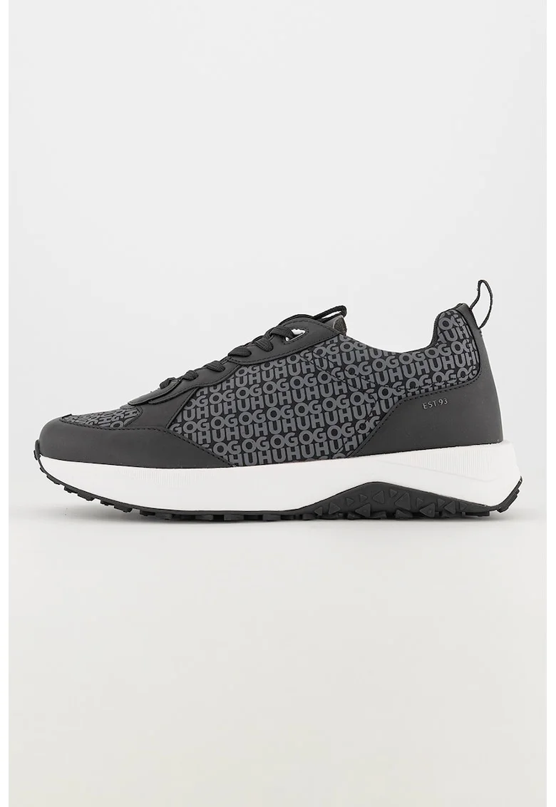 Pantofi sport de piele ecologica cu imprimeu logo, Negru/Gri