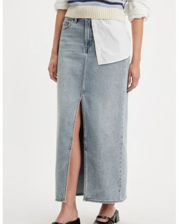 Fusta din denim cu slit frontal, Albastru deschis melange