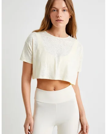 Tricou crop cu maneci cazute, Bej deschis
