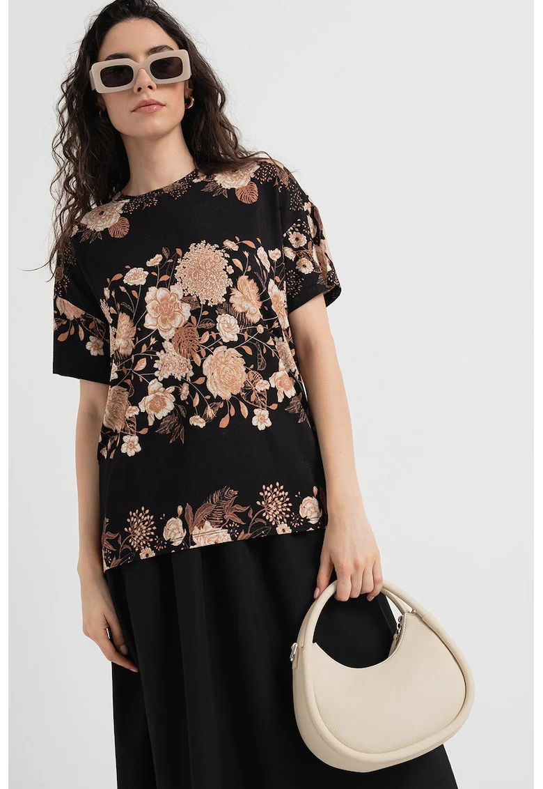 Tricou cu decolteu la baza gatului si model, Negru/Bej