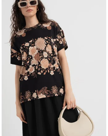 Tricou cu decolteu la baza gatului si model, Negru/Bej