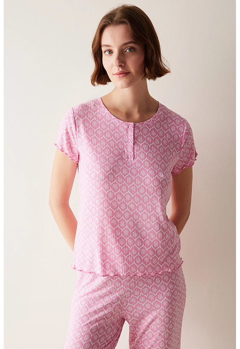 Bluza de pijama cu model si maneci scurte, Roz pastel