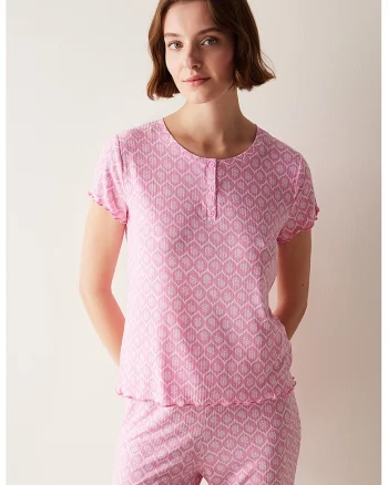Bluza de pijama cu model si maneci scurte, Roz pastel