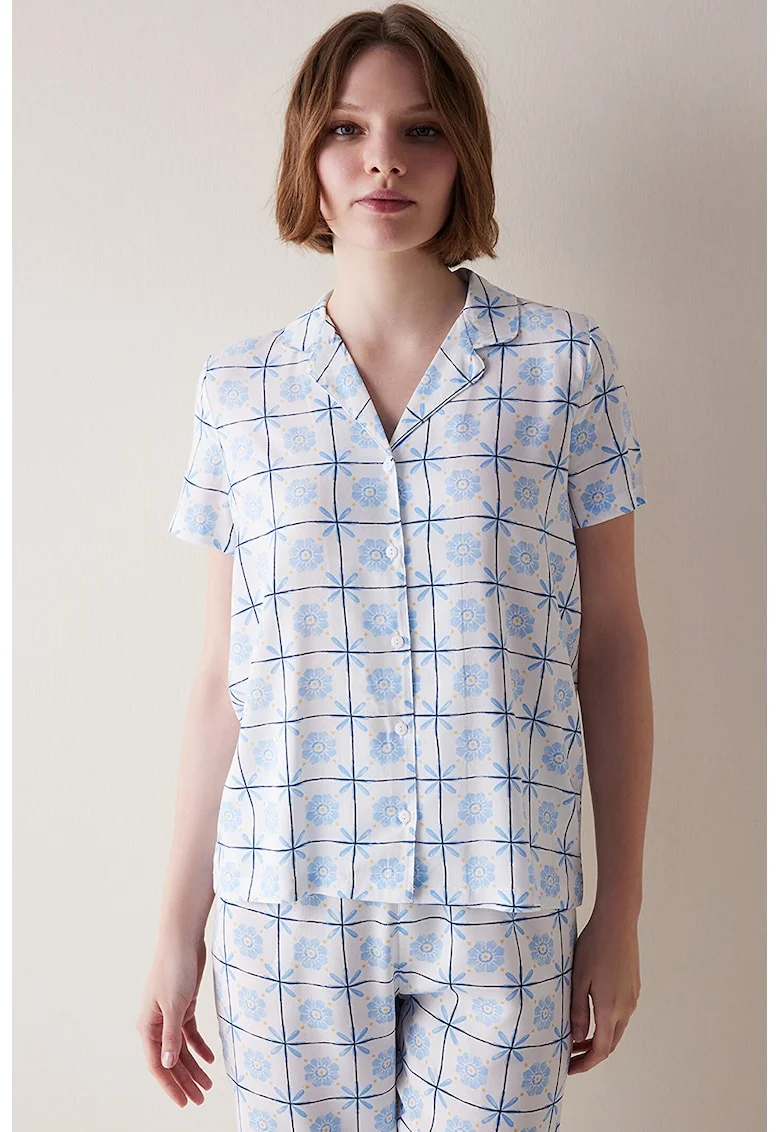 Bluza de pijama cu nasturi si imprimeu, Alb/Albastru