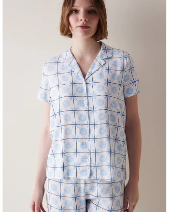 Bluza de pijama cu nasturi si imprimeu, Alb/Albastru