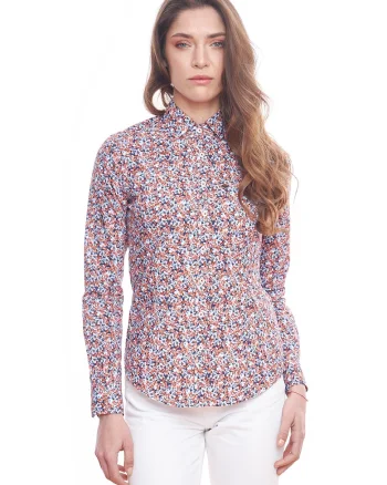 Camasa slim fit cu model floral, Rosu vermillion/Albastru