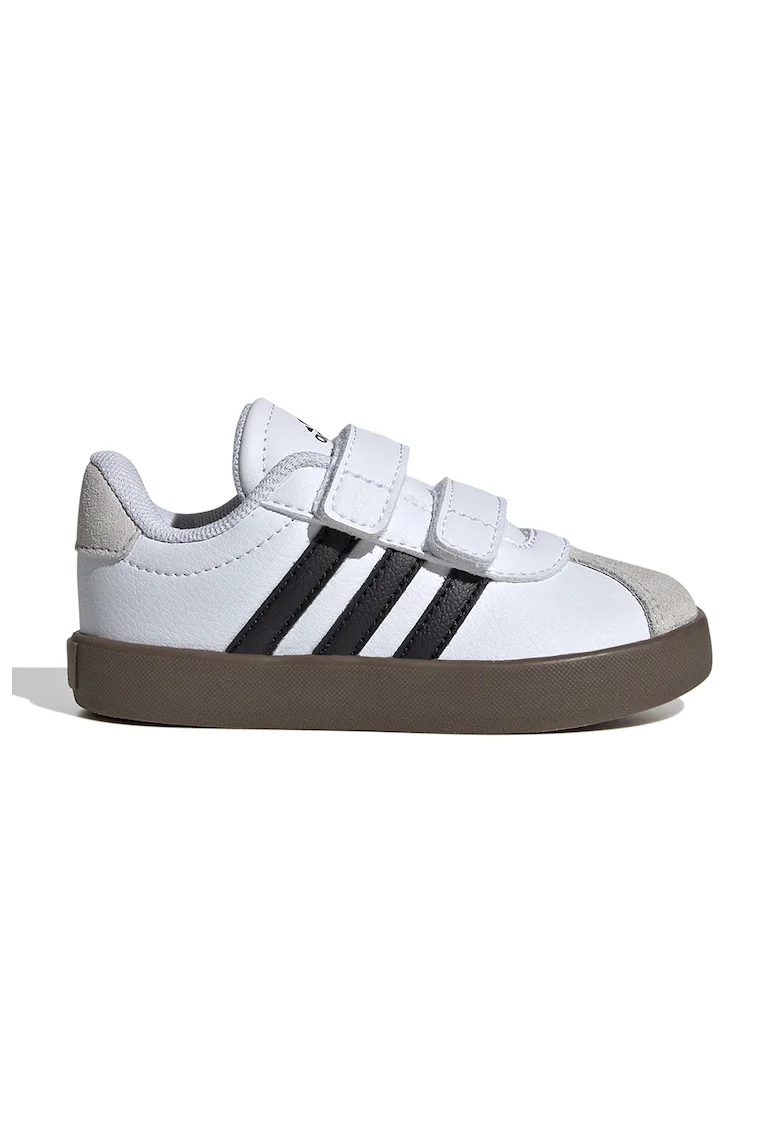 Pantofi sport VL Court de piele ecologica si piele intoarsa cu velcro, Negru/Maro nisip/Alb optic