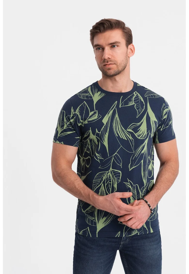 Tricou cu decolteu la baza gatului si imprimeu, Bleumarin