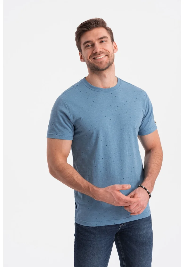 Tricou din amestec de bumbac cu decolteu la baza gatului, Albastru prafuit