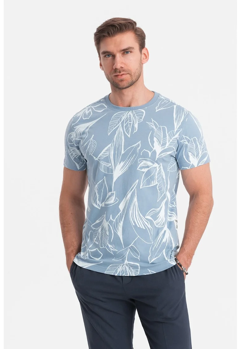 Tricou cu decolteu la baza gatului si imprimeu, Albastru pastel