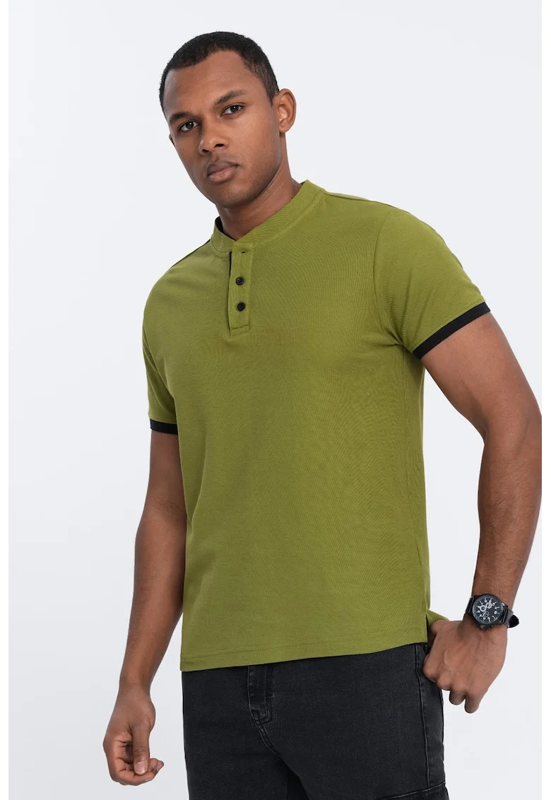Tricou de bumbac cu fenta cu nasturi, Verde masliniu